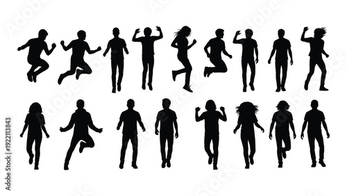 A group of people running and exercising in different poses isolated on white background, Vector