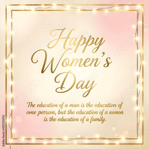 Women's Day Social Media Post Template - Golden Glowing Lights Border with Inspirational Quote about Women Education and Family