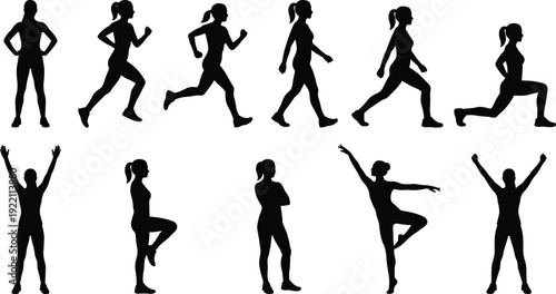 Woman fitness and yoga silhouettes set, running stretching balance poses isolated on white background illustration collection