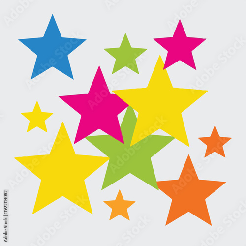 Colorful, irregular-edged stars of various sizes are scattered on a light grey background