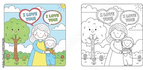 Mother and Son Hugging in Garden with Smiling Tree and I Love You Speech Bubbles, Coloring Page and Colorful Version for Kids Activity, Mother's Day Illustration