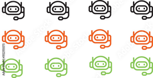 Artificial intelligence robot head with headset icon set. Line art illustration of an AI bot assistant representing automated customer service, virtual support agent, and smart voice communication vec