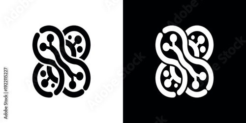 Black and white molecular structure symbols on split background