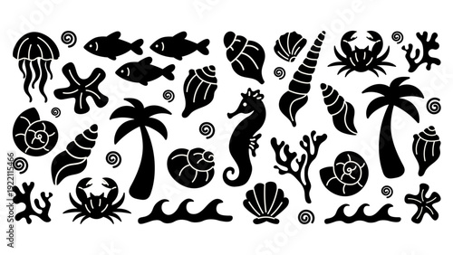 Funky ocean breeze shapes with seashells, seaweed, crabs, fish, seahorses, palms, waves and starfish. Retro cartoon doodle stickers.