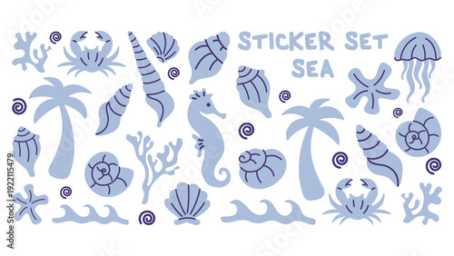Marine breeze elements- shells, algae, crabs, fish, seahorses, palms and waves. Trendy nautical doodle set in retro cartoon style.