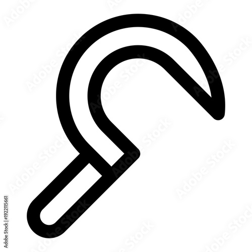 Minimalist black line art illustration of a sickle, a traditional farming implement for cutting grain and hay.
