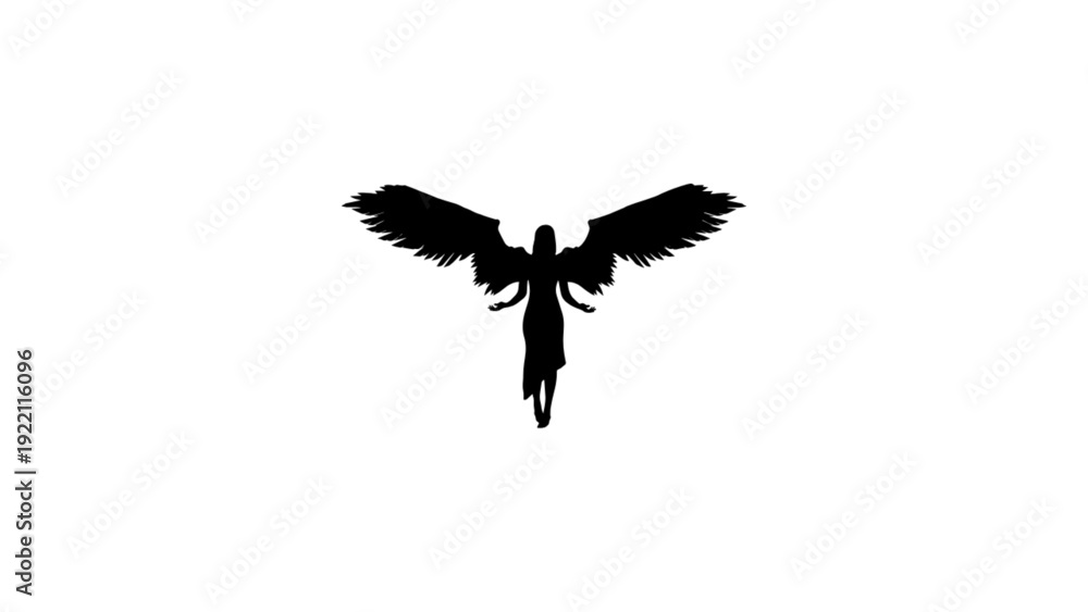 Obraz premium Angel Silhouette with Spread Wings Isolated on White Background