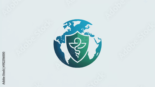 Modern eco friendly globe icon with shield and rod of asclepius symbol on gray background representing global health and protection