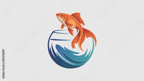 Minimalist vector icon of an orange goldfish swimming in a blue and white wave circle on gray background