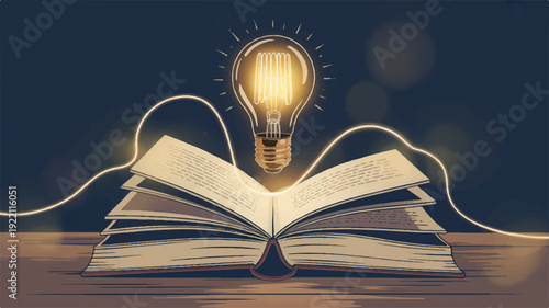 Conceptual illustration of an open book with glowing light bulb on a table symbolizing knowledge education and inspiration in a dark background