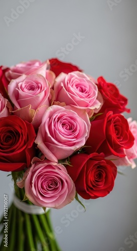 A stunning, lush floral arrangement featuring many vibrant pink and red roses carefully tied together in a beautiful romantic bundle, congratulations, spring, decoration