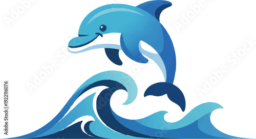 Dolphin jumping out of ocean wave aquatic mammal in motion blue gradient colors dynamic sea creature design element