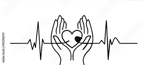 Minimalist line art illustration of hands holding a heart with a heartbeat line symbolizing love care and compassion in a simple yet powerful design