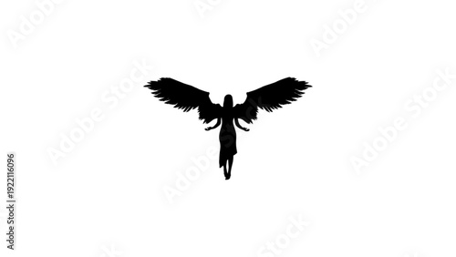 Angel Silhouette with Spread Wings Isolated on White Background