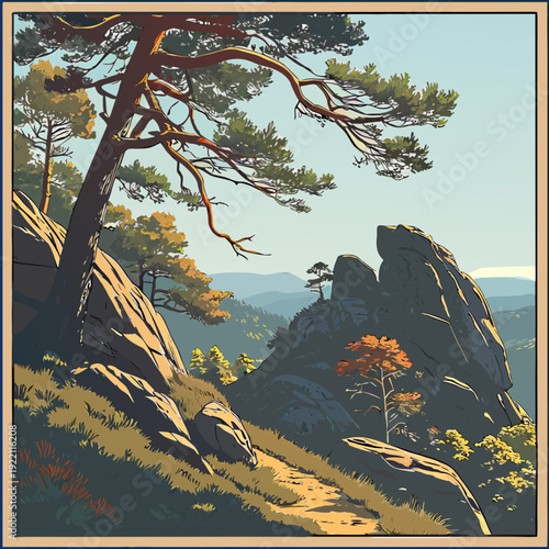 Majestic pine tree overlooks a winding mountain path amidst rugged rock formations and distant peaks under a serene sky.