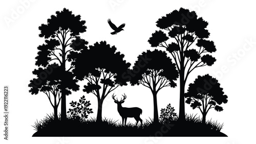 A deer and a bird in a forest with trees isolated on white background, Vector