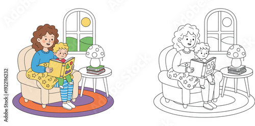 Vector illustration of mother reading book to son in armchair, colorful and black and white outline for coloring page