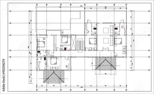 Master Architectural Blueprint Featuring Detailed Interior Spatial Zoning and Structural Grid Annotations for Professional Residential Drafting