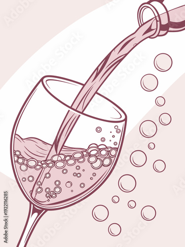 Pink Wine Pouring into Glass with Bubbles 1.
