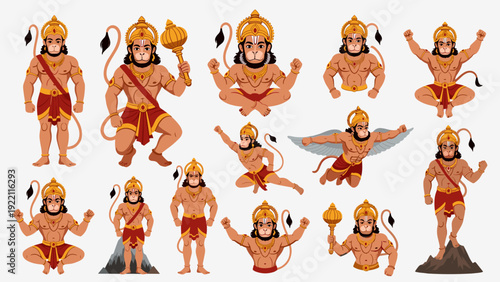 Hanuman vector bundle featuring dynamic poses flying meditating holding mountain mace Hindu monkey god deity cartoon character designs for graphic illustration element projects.