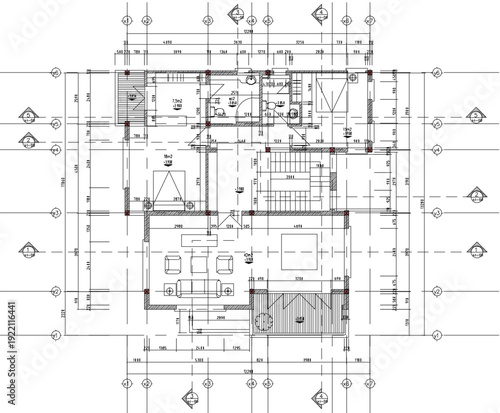 Professional Two-Dimensional House Blueprint with Technical Scale Annotations and Furniture Placement Diagrams for Civil Engineering Documentation