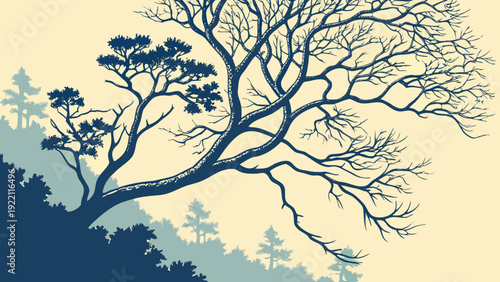 Stylized illustration of a tree with bare branches on a hillside.