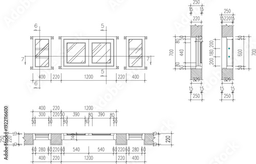 Technical Elevation and Section Plan of Main Entrance Door with Decorative Glass Panels, Structural Framing Detail, and Accurate Dimensioning