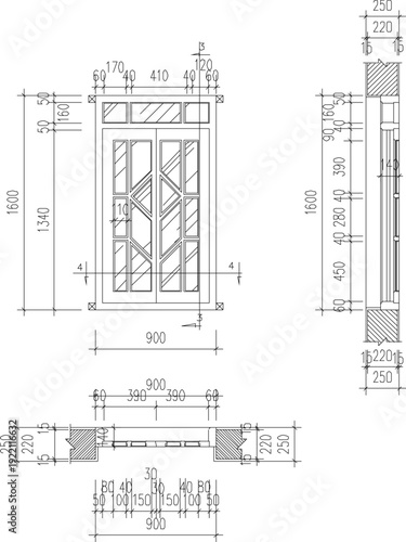Modern House Entrance Door CAD Design with Glass Infill Panels, Frame Assembly Section, Masonry Wall Integration, and Precise Measurement Layout