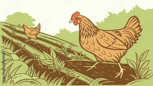 Two chickens walking through a lush green field.