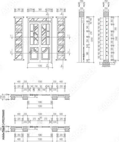 High-Resolution Architectural Drafting Plan Showing Double Swing Entry Door with Symmetrical Window Panels and Complete Structural Section Details