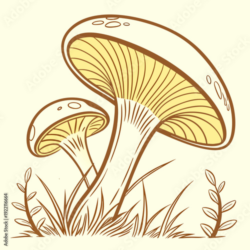 Two mushrooms with gills and grass on a light background.