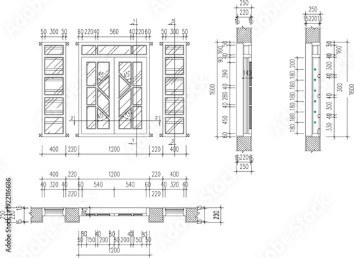 Complete Architectural Working Drawing of Double Wooden Entry Door with Glass Panels, Side Windows, Elevation View, Section Details, and Precise Construction Dimensions