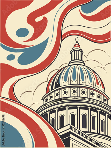 United States Capitol Building with Waving Flag.