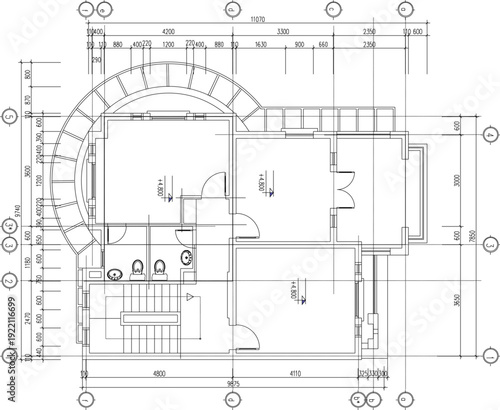 Architectural Drafting Illustration Showing Building Floor Plan with Curved Facade Geometry and Structured Column Placement