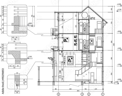 Professional Architectural Blueprint Featuring Floor Plan Layout, Staircase Sections, Structural Details, and Precise Measurement Annotations
