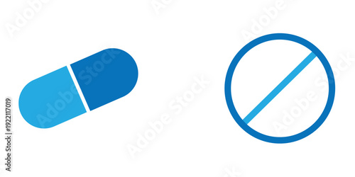 Medical Pill and Crossed-Out Pill Icons, Healthcare Concept