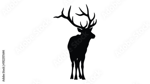 A black silhouette of an elk with large antlers isolated on white background, Vector