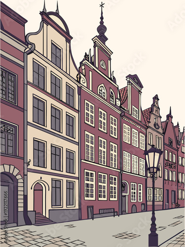 Historic European street with traditional architecture and cobblestone pavement.