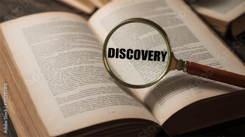 Magnifying glass on open book with discovery concept symbolizing research and learning in a quiet studious environment with warm lighting