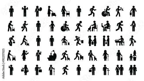 A collection of black silhouettes depicting people with various disabilities and actions isolated on white background, Vector