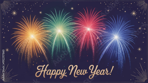 Vibrant fireworks exploding in night sky with happy new year greeting on festive background
