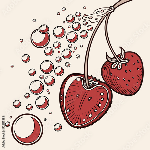 Red Cherry and Strawberry with Bubbles Illustration.
