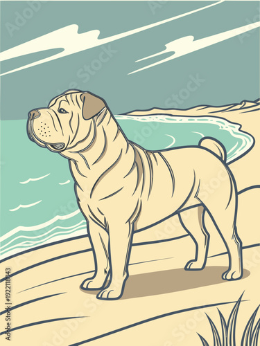 Shar Pei Dog Standing on a Sandy Beach by the Ocean.