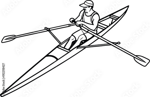 Black and white line of a person rowing a single scull boat with oars in action athlete