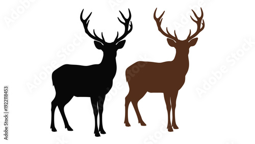Two deer silhouettes standing side by side isolated on white background, Vector