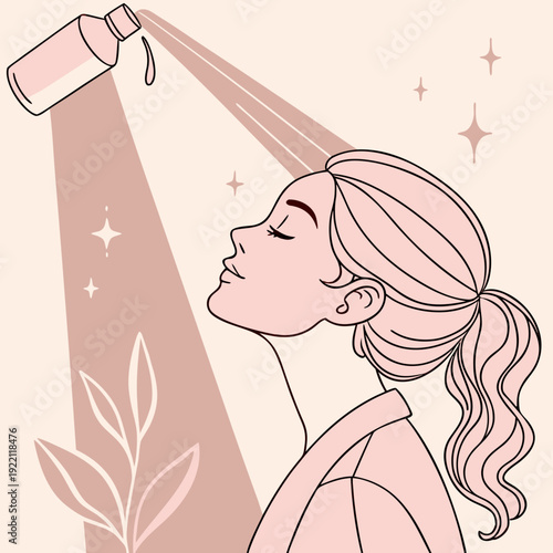 Woman enjoying a refreshing facial mist for glowing skin.