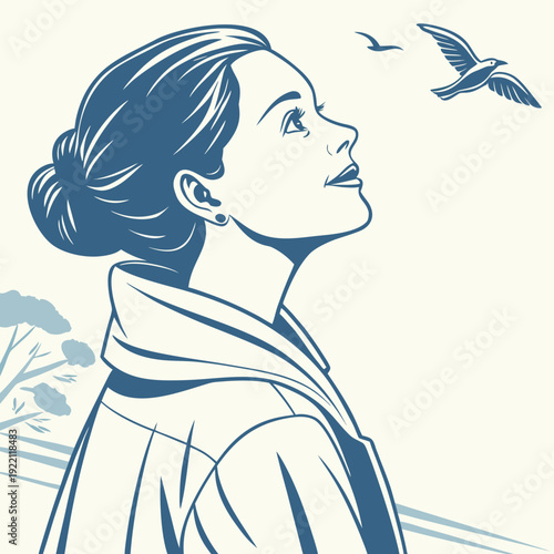 Woman looking up at birds flying in the sky.