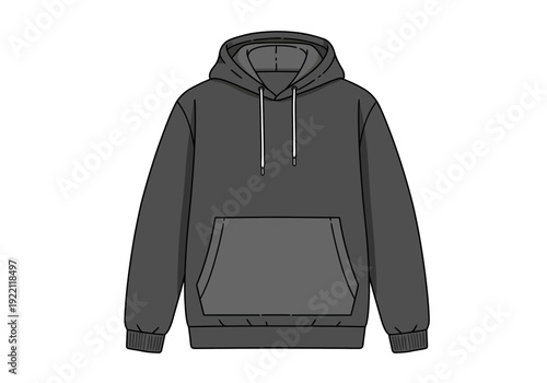 Front view illustration of a hoodie with a kangaroo pocket and drawstrings on a plain background