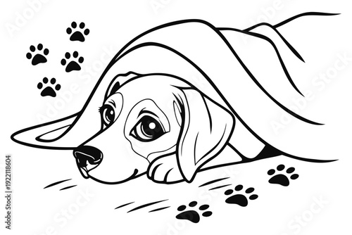 Black and white line of a sleeping basset hound with paw prints