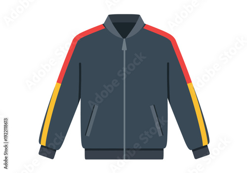 A vector illustration of a blue jacket with red and yellow stripes on a plain background from a front viewpoint